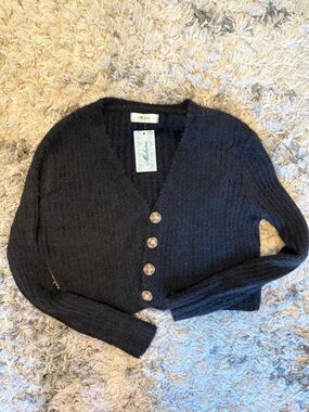 Mahina Black Ribbed V-Neck Button Front Cardigan size small NWT NEVER WORN